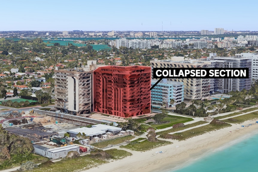 Image of apartment complex on coast, with one building highlighted in red.