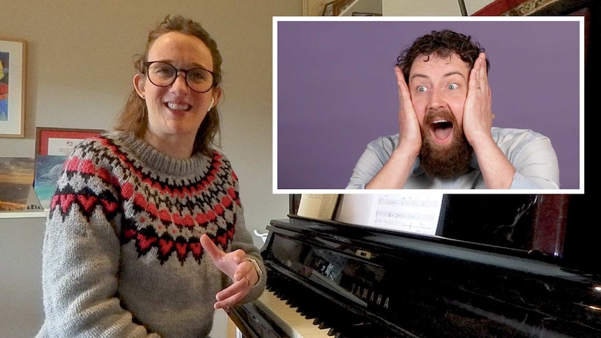 A woman seated at a piano, on a video call with a very excited man.