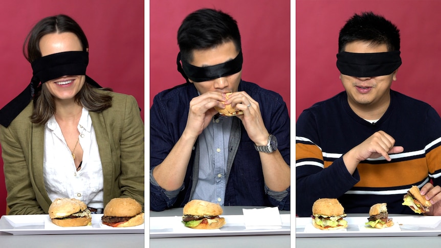 ABC News staff blind taste test a plant-based burger and a meat burger.