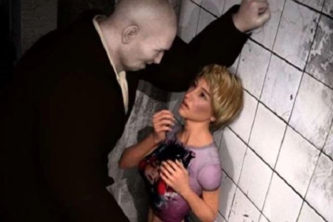 A computer-generated image of a large, bulky man cornering a woman, who looks scared.