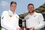 The prize at stake ... Steve Smith (L) and Brendon McCullum show off the Trans-Tasman Trophy