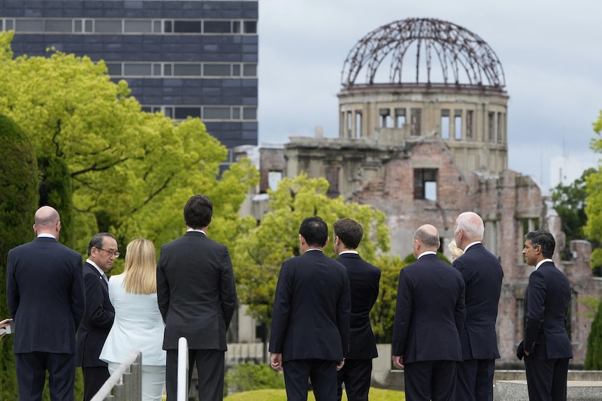 G7 leaders look at the Atomic Bomb Dome at the Peace Memorial Park in Hiroshima.