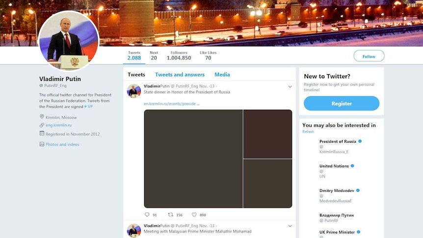 A screenshot of a Twitter profile with Vladimir Putin as the display picture.