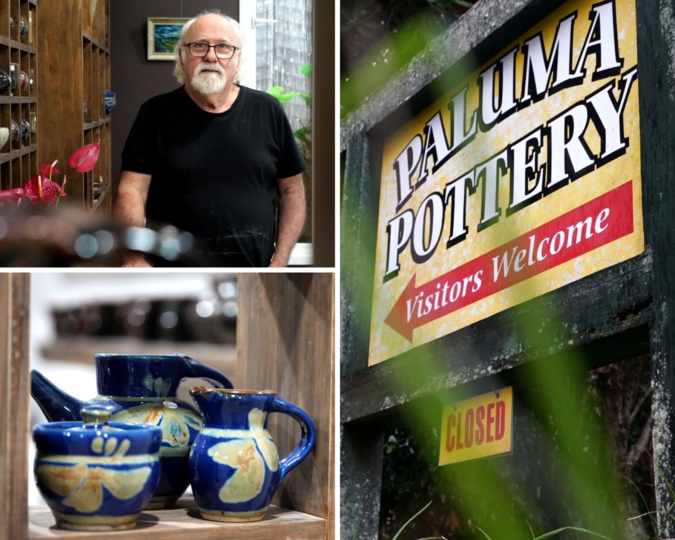 A collage shows a man in his pottery studio, alongside a large welcome sign and some of his work.