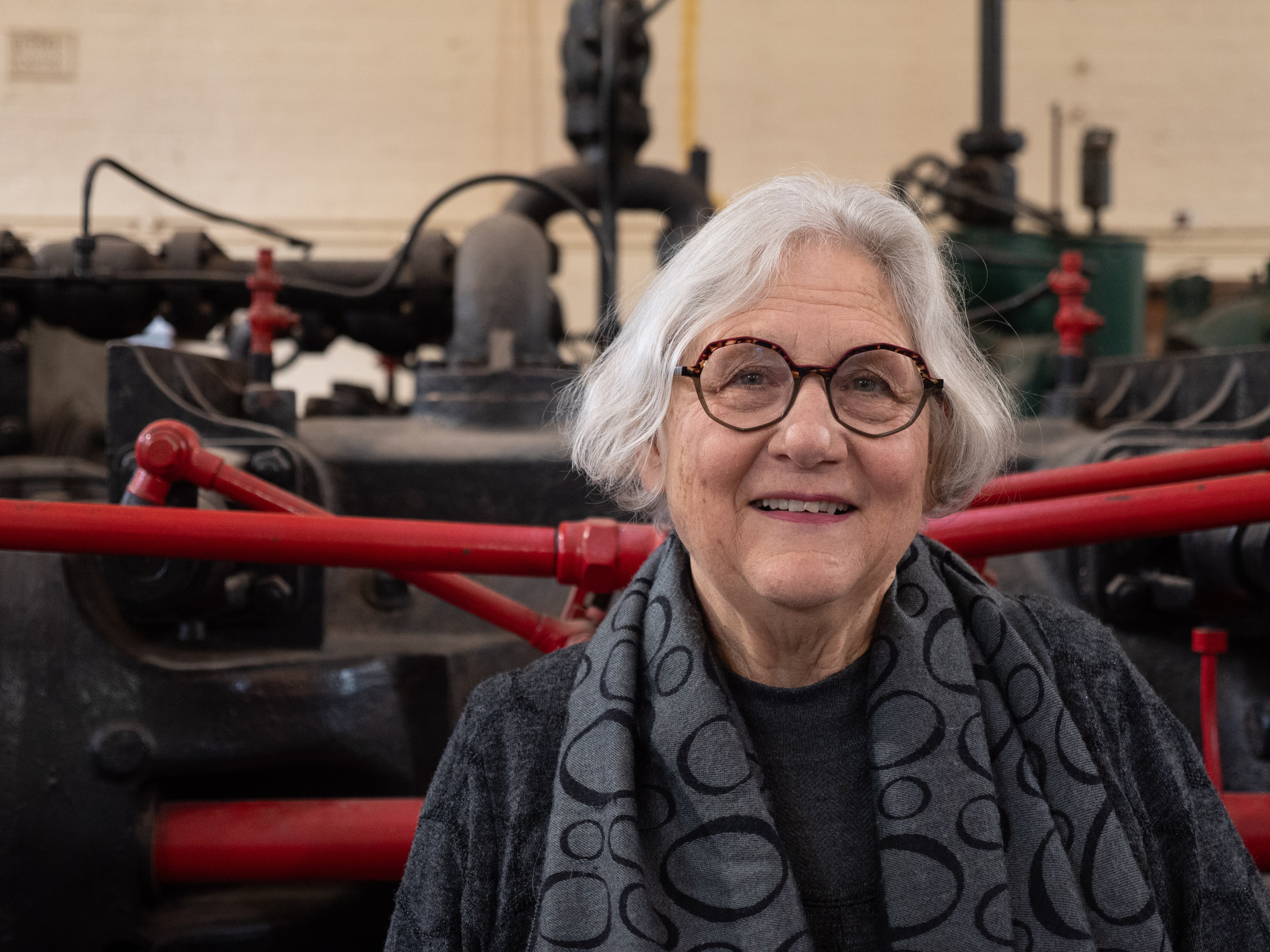 Woman with grey hair and glasses smiles at camera