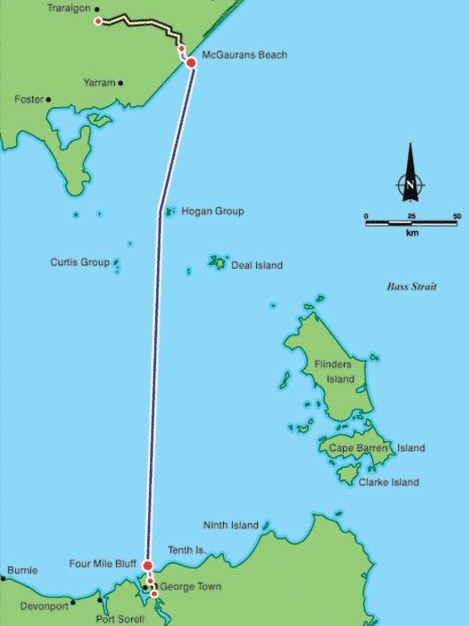 The Basslink interconnector links Tasmania to the national grid via Victoria.