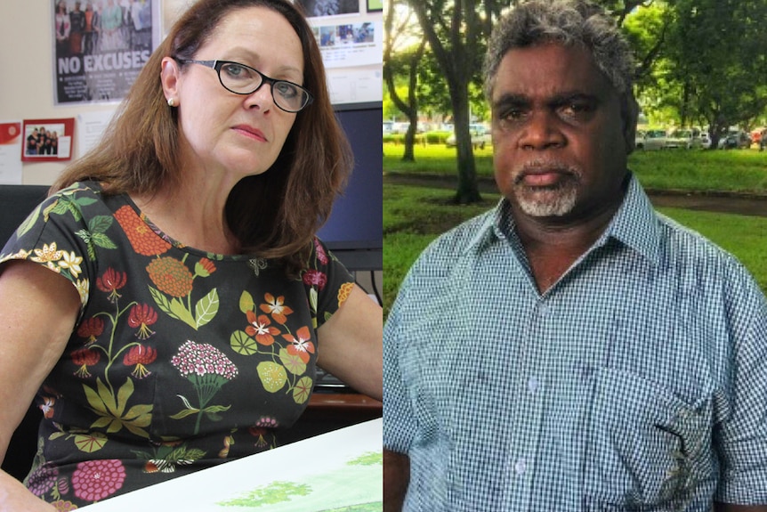 Lynne Walker on the left and Yingiya Mark Guyula on the right