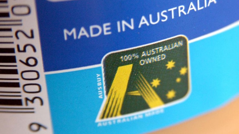 A Made in Australia/Australian owned sticker on the side of a food jar, December 2008.
