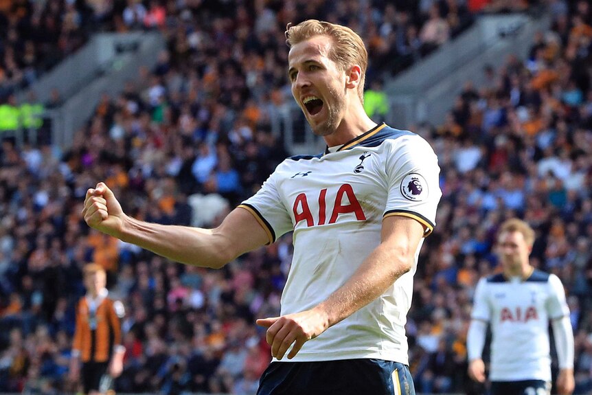 Harry Kane celebrates a goal for Tottenham.