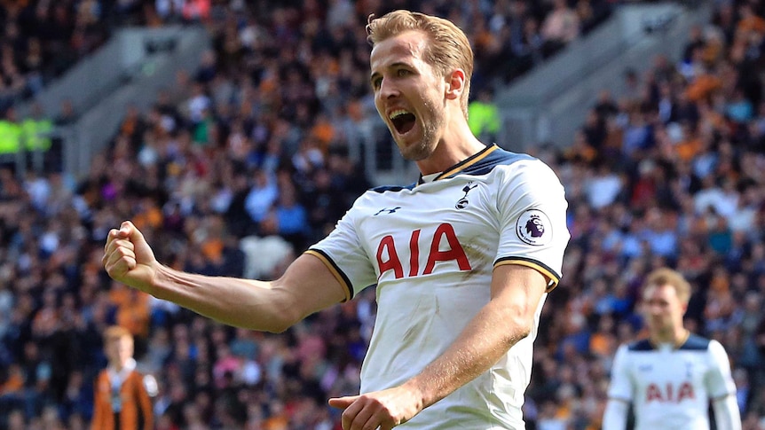 Harry Kane celebrates a goal for Tottenham.