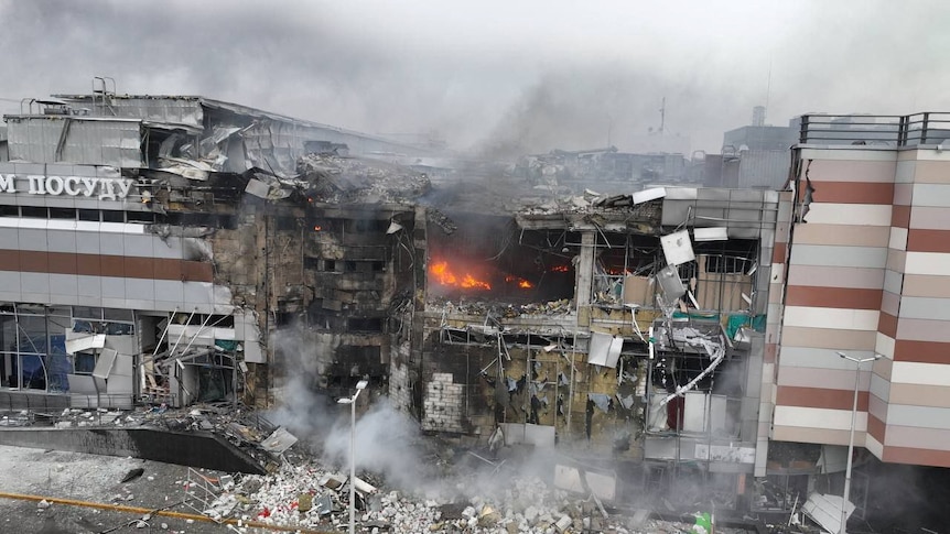 A shopping mall damaged by air strikes. 