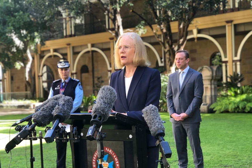 Queensland Chief Health Officer Jeannette Young speaks to media, with Steven Miles and Police Commissioner Katarina Carroll.