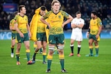 Ned Hanigan stands on the field at Twickenham with his hands on his hips after Wallabies lost to England.