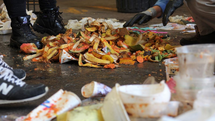 People standing around a pile of food waste, including many fruit skins.