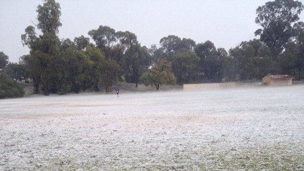 Hawker Park is covered in hail in the Perth suburb of Warwick.