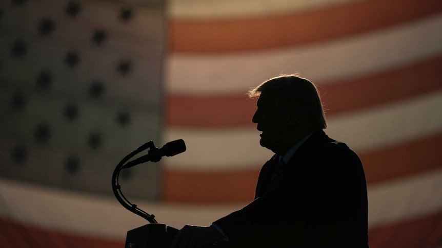 President Donald Trump speaks in front of a US flag