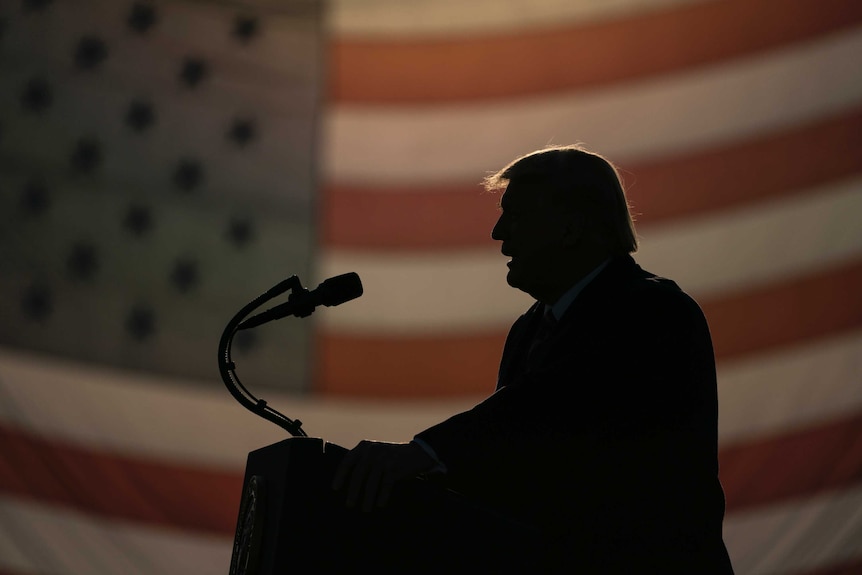 President Donald Trump speaks in front of a US flag