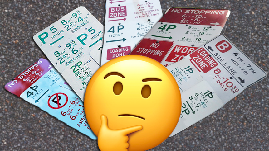 thinking emoji with five different sets of confusing parking signs in the background