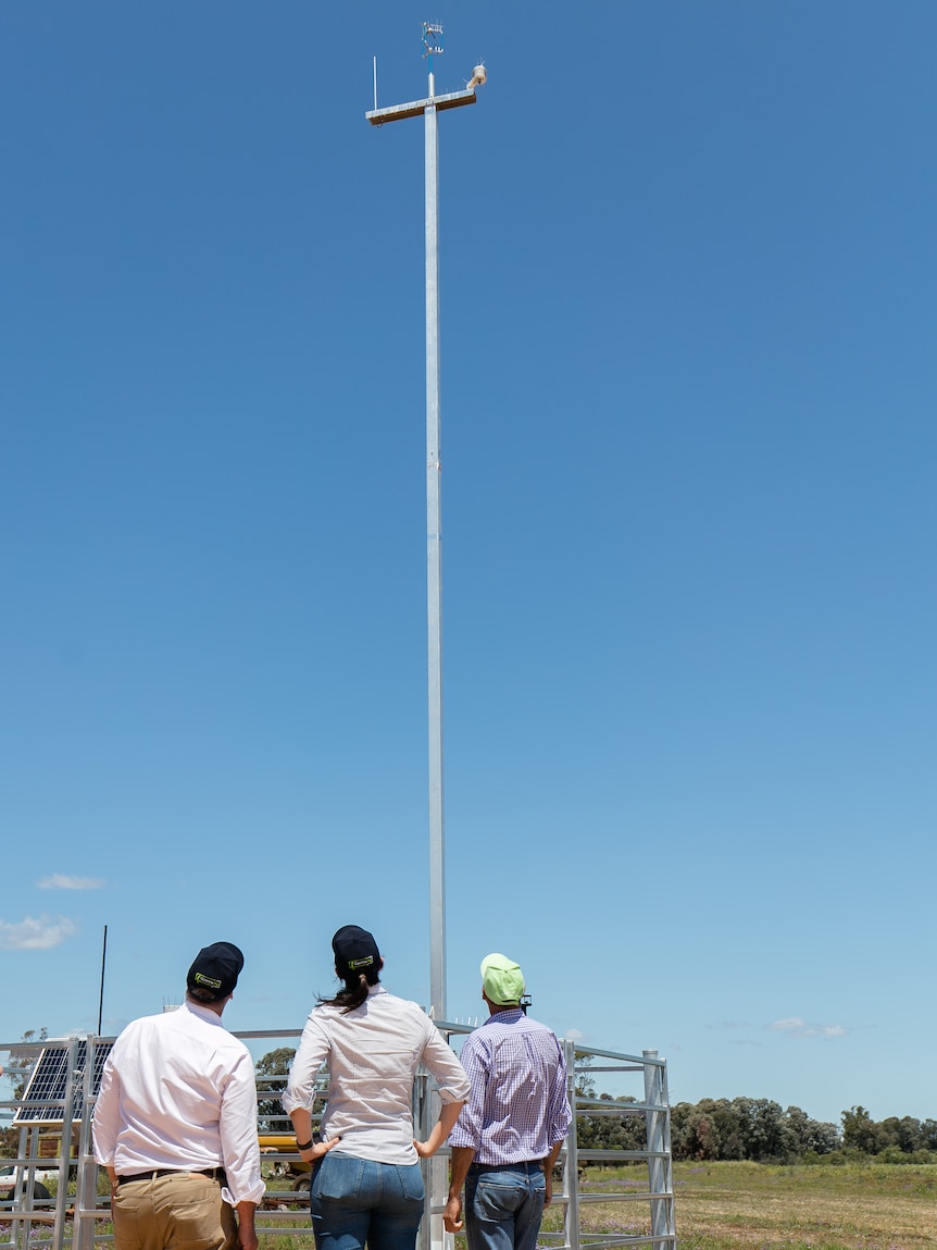 Three people stand looking up at a tall metal tower with a bar and sensors on top of it. It's surrounded by a tall metal fence 