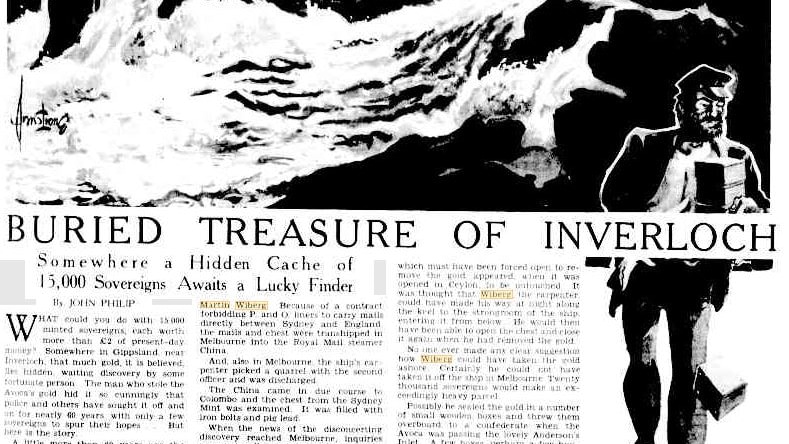A black and white article from a newspaper in 1938 titled "The Buried Treasure of Inverloch".