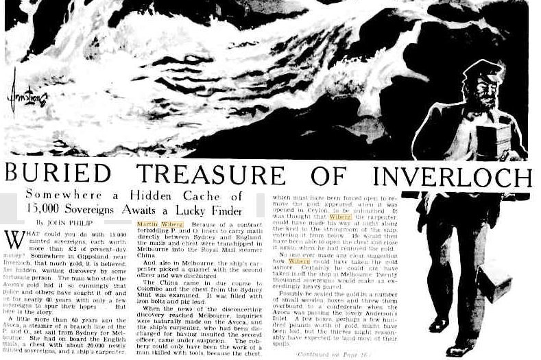 A black and white article from a newspaper in 1938 titled "The Buried Treasure of Inverloch".