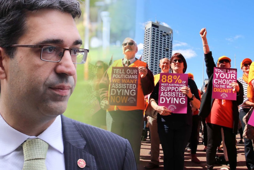 A headshot of Nick Goiran next to a photo of protesters holding pro-euthanasia signs.