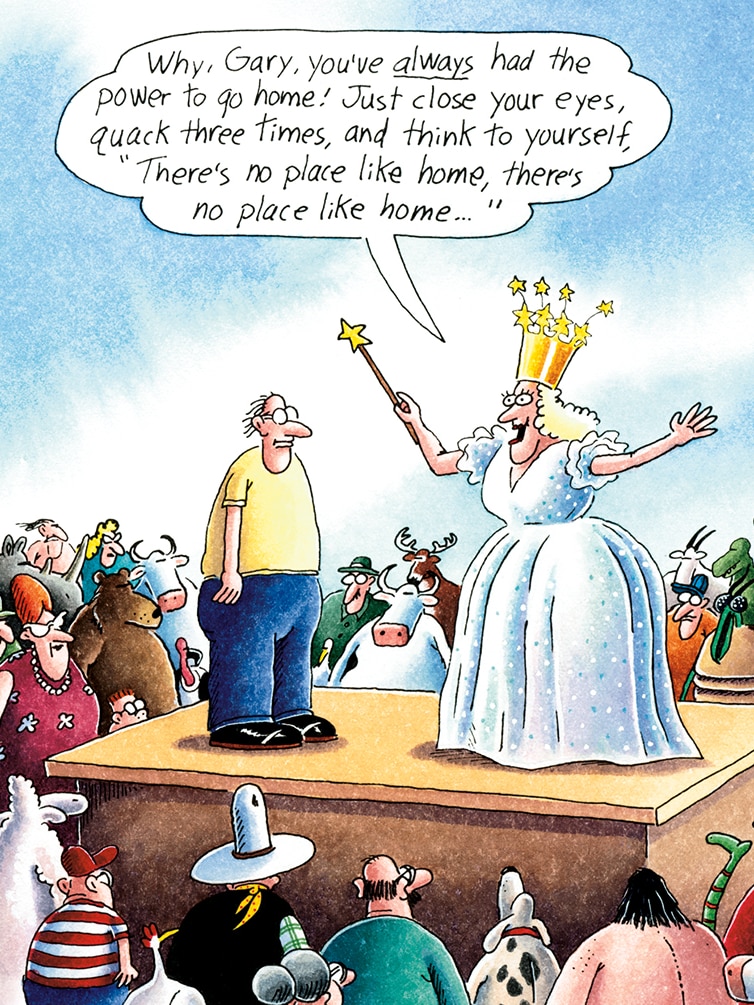 a comic of a woman with a wand and a crown standing next to and talking to a man on a stage with other characters below them