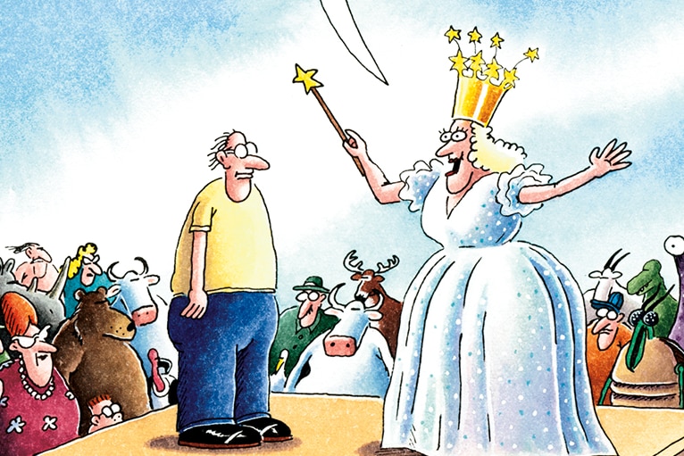 a comic of a woman with a wand and a crown standing next to and talking to a man on a stage with other characters below them