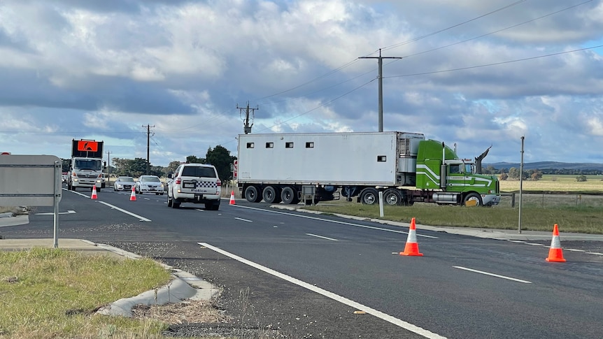 A truck, a police vehicle and several other vehicles negotiating changed traffic conditions on a country highway.