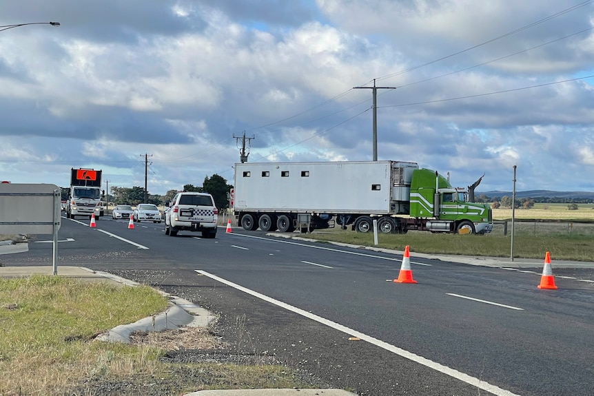 A truck, a police vehicle and several other vehicles negotiating changed traffic conditions on a country highway.