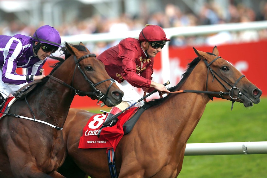 Bondi Beach (L) and Simple Verse fight out the English St Leger at Doncaster.
