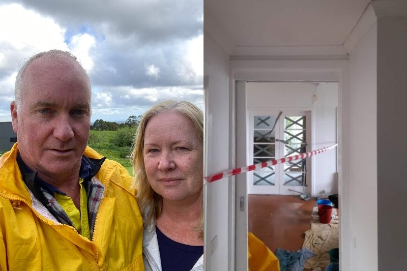 Daniel and Andrea Clifford on the left and the inside of the home showing cracks and taped off on the right