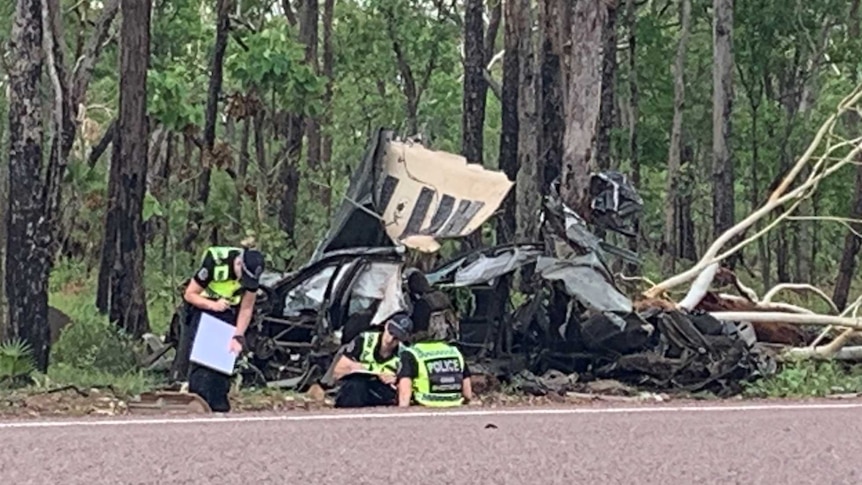 The crash site where five people were killed in a single vehicle rollover.