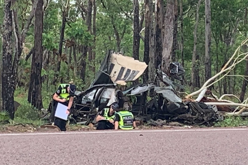 The crash site where five people were killed in a single vehicle rollover.