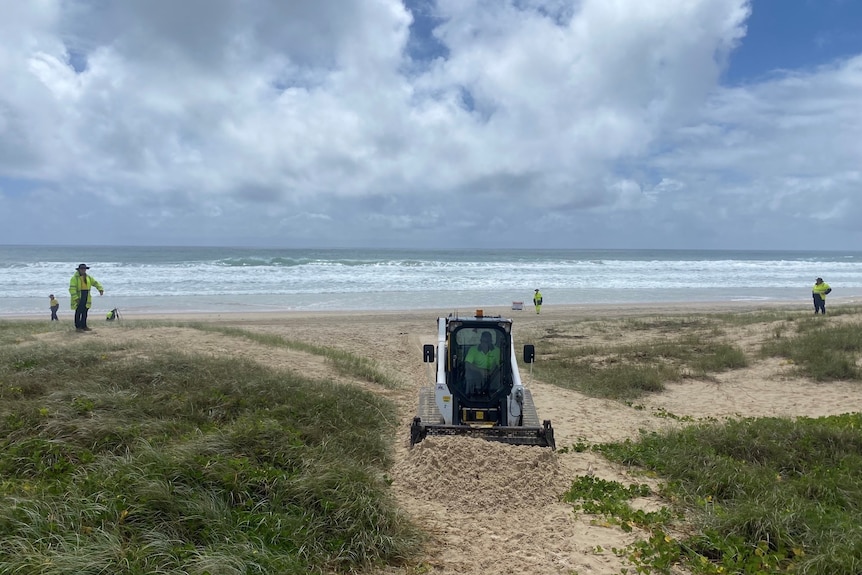 Gold Coast council workers repair Mermaid Beach in tractor, water behind them after ex-Tropical Cyclone Seth damage
