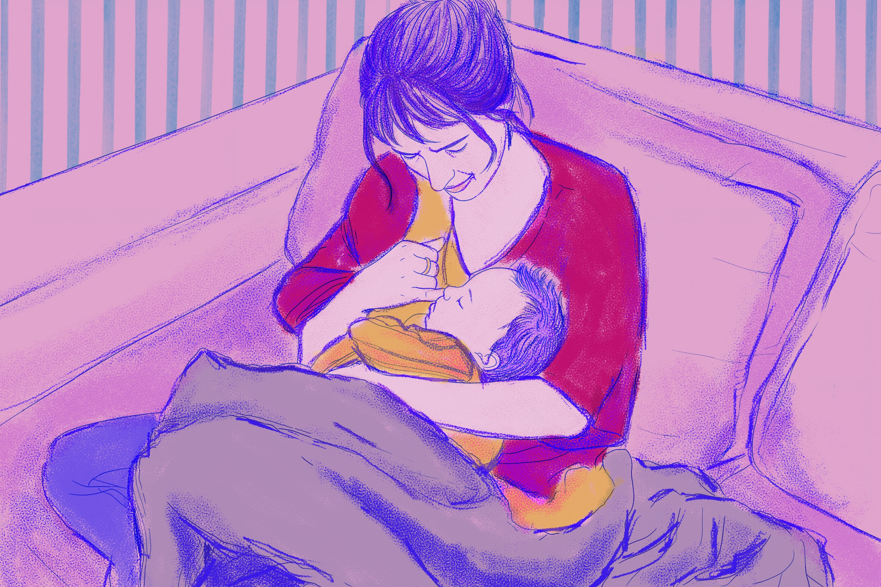 illustration of woman holding her baby in bed