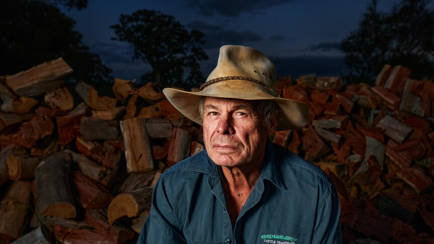 A man in a hat and green shirt sits in front of a log of woods under a darkening sky.