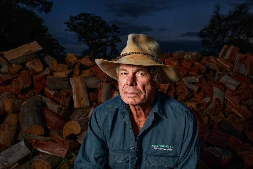A man in a hat and green shirt sits in front of a log of woods under a darkening sky.