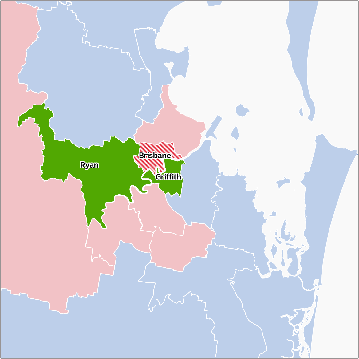 A map highlighting the three seats that changed hands in 2022 in Brisbane.