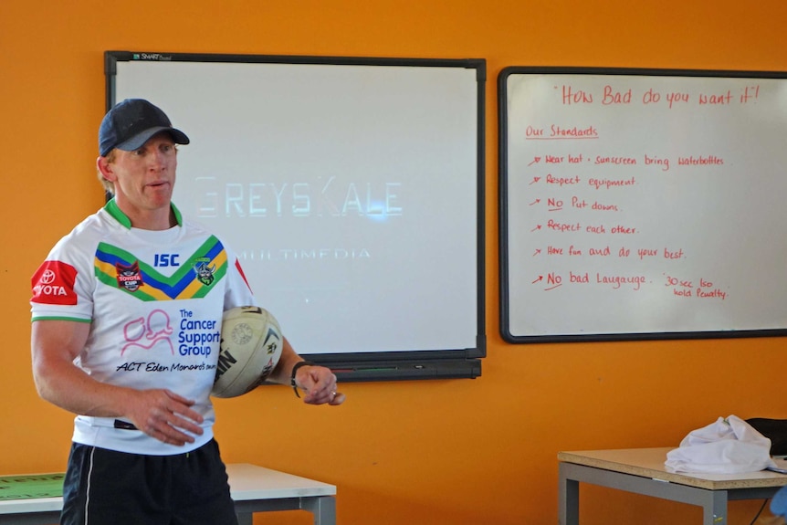 Former Canberra Raiders Captain Alan Tongue mentors participants at Bimberi Youth Justice Centre.