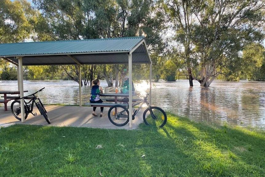 bike riders looking at floodwaters