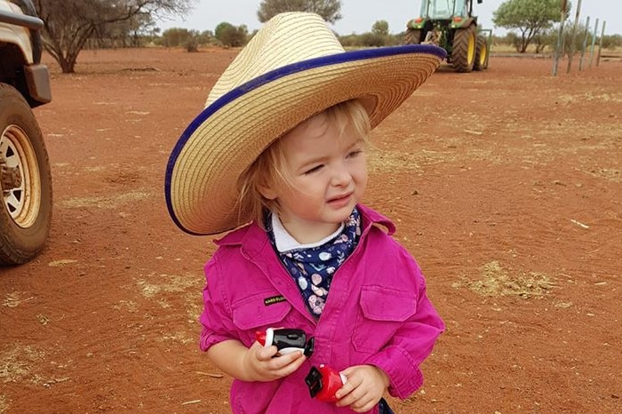 A girl in a pink jacket and blue dress wearing a big cowboy hat on an outback station.