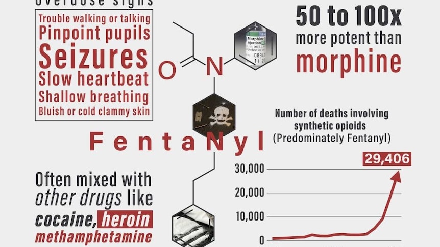 Graphic showing the overdose signs, information about fentanyl and a graph showing the number of deaths in US