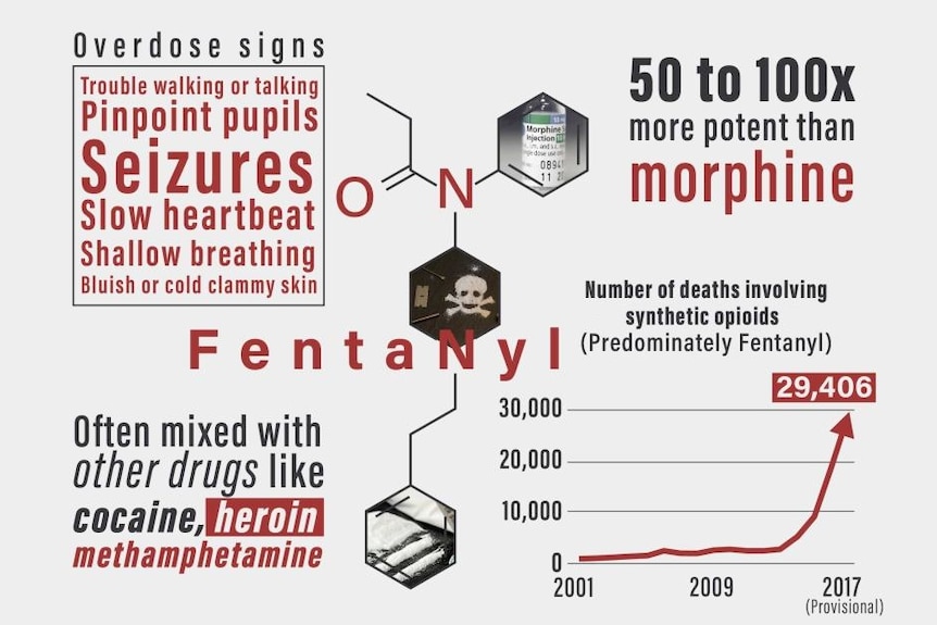 Graphic showing the overdose signs, information about fentanyl and a graph showing the number of deaths in US