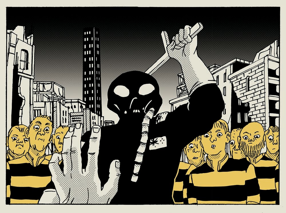 In b&W and yellow illustration, a group in striped prison uniforms watch a WWI masked guard with raised baton in cityscape.