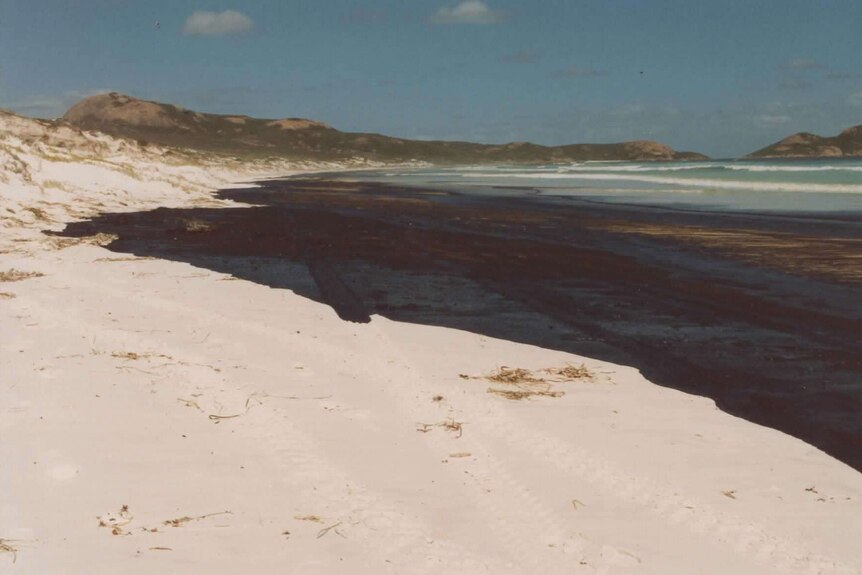 A tide of oil rolls onto an otherwise pristine beach.