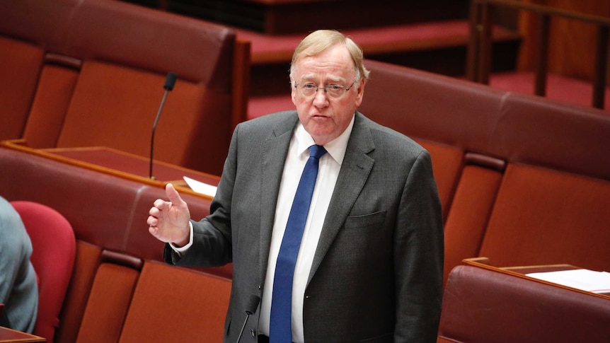 Ian Macdonald gestures with one hand while standing in the Senate, a room with red carpet and chairs.