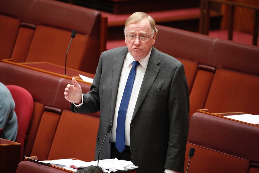 Ian Macdonald gestures with one hand while standing in the Senate, a room with red carpet and chairs.