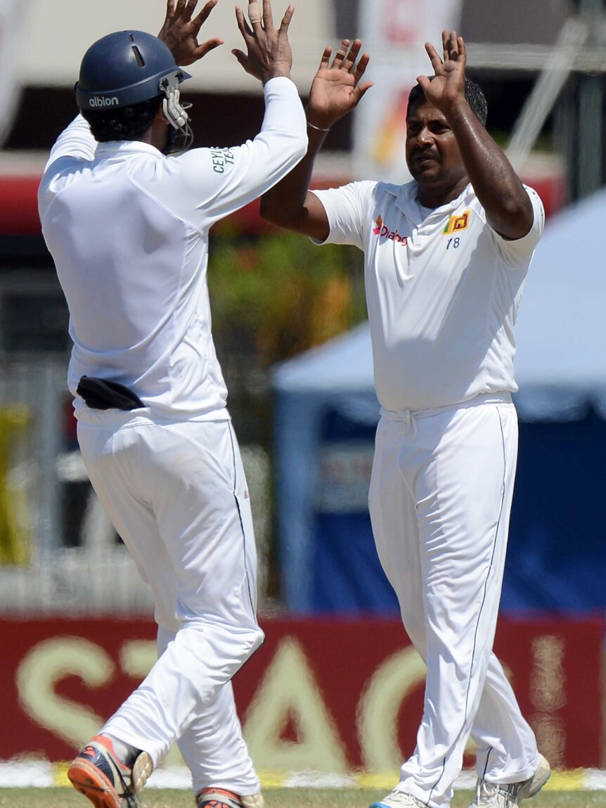 Rangana Herath celebrates wicket against West Indies