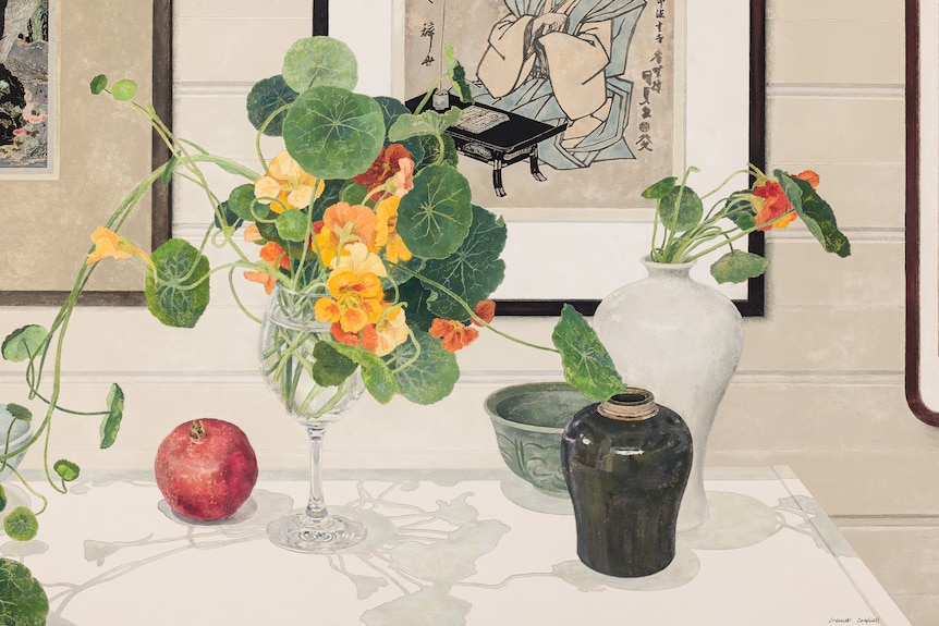 A print/painting by Cressida Campbell of flowers in vases, a Japanese woodblock print in the background